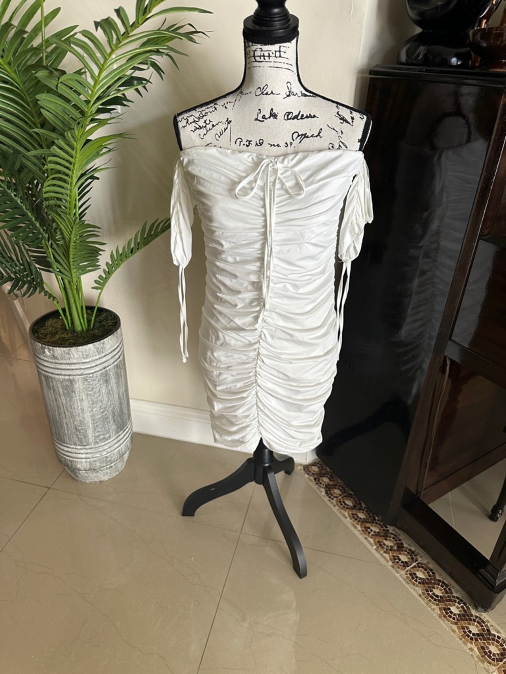 Fashion Nova White Off-Shoulder Ruched Mini Dress with Tie Details